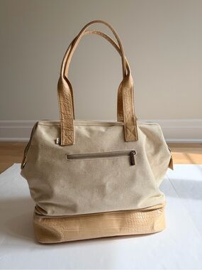 BEIS Weekender Tote Bag with Croc-Texture Trim - Beige